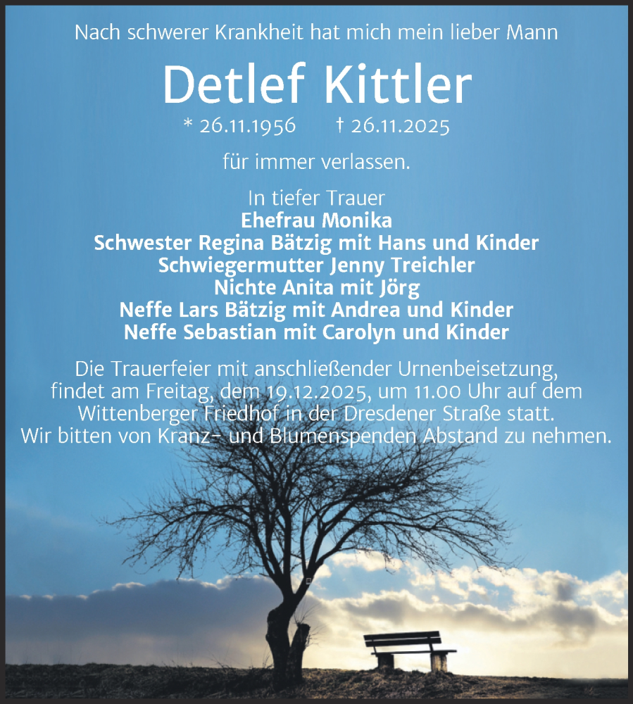  Traueranzeige für Detlef Kittler vom 06.12.2025 aus Trauerkombi Wittenberg