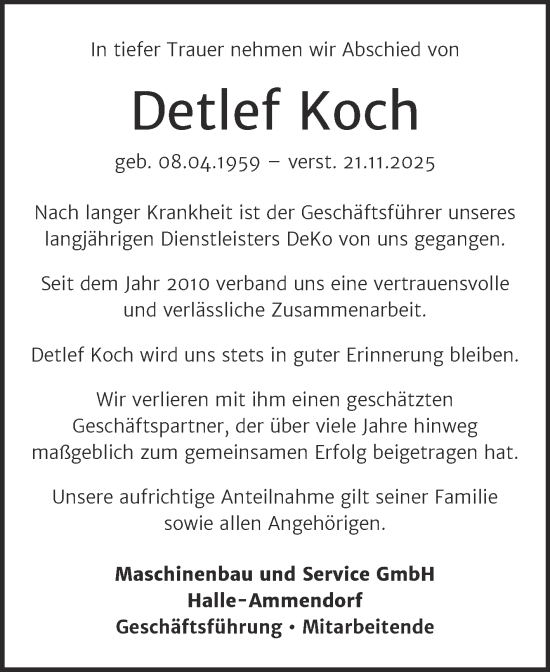 Traueranzeige von Detlef Koch von Mitteldeutsche Zeitung Regionalausgabe Mitte