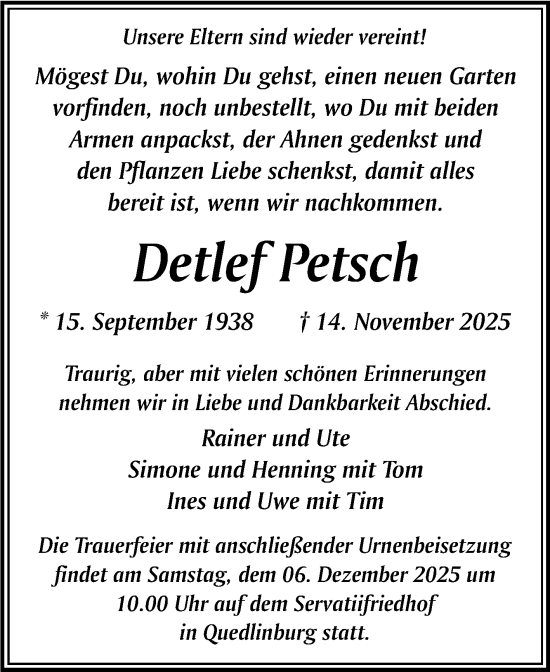 Traueranzeige von Detlef Petsch von Trauerkombi Quedlinburg