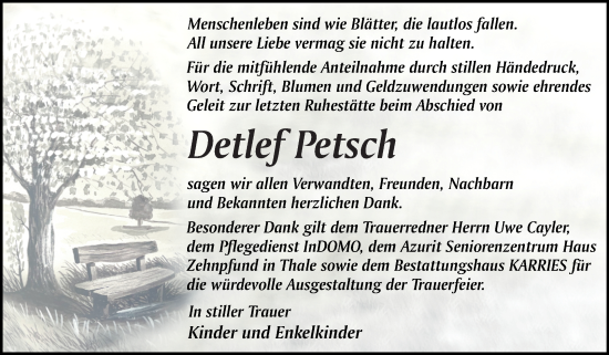 Traueranzeige von Detlef Petsch von Trauerkombi Quedlinburg