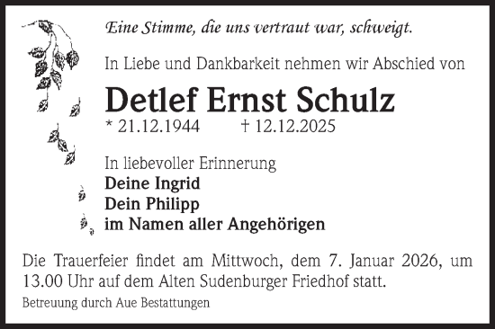 Traueranzeige von Detlef Ernst Schulz von Volksstimme Magdeburg
