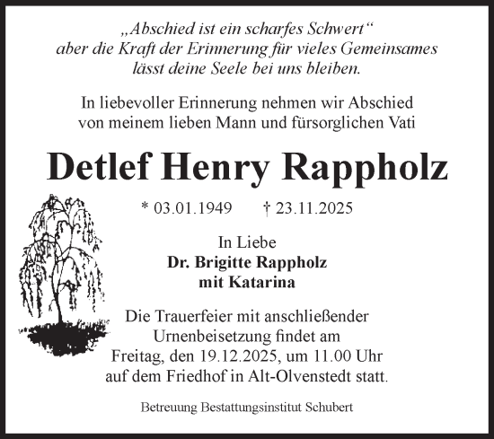 Traueranzeige von Detlef Henry Rappholz von Volksstimme Magdeburg