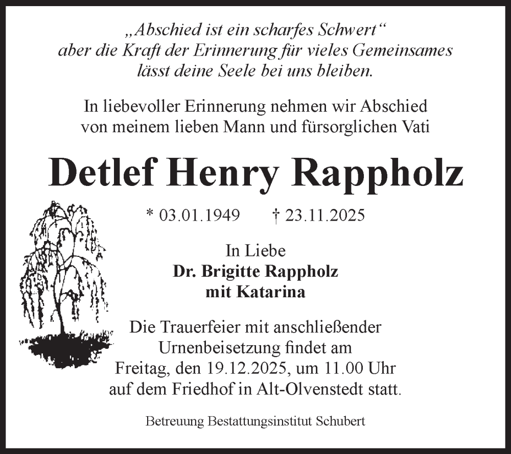 Traueranzeige für Detlef Henry Rappholz vom 13.12.2025 aus Volksstimme Magdeburg