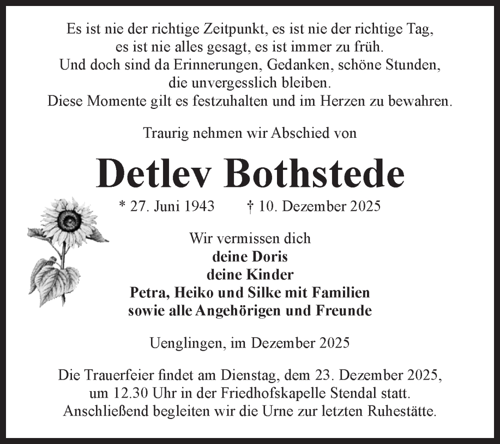  Traueranzeige für Detlev Bothstede vom 17.12.2025 aus Volksstimme Altmark Ost