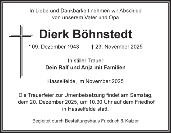 Traueranzeige von Dierk Böhnstedt von Volksstimme Wernigerode