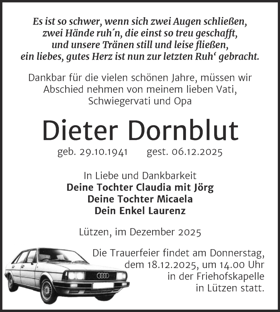  Traueranzeige für Dieter Dornblut vom 13.12.2025 aus Trauerkombi Weißenfels