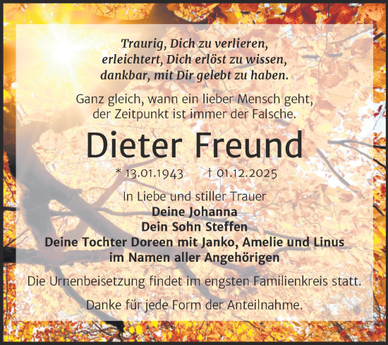 Traueranzeige von Dieter Freund von Trauerkombi Merseburg
