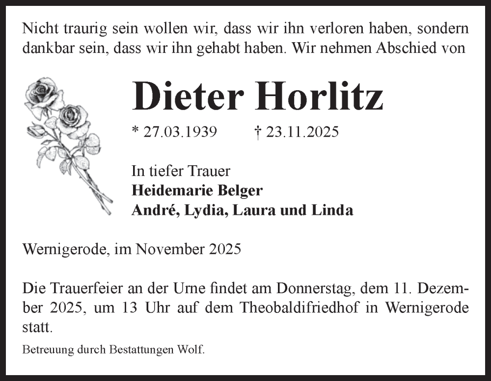  Traueranzeige für Dieter Horlitz vom 29.11.2025 aus Volksstimme Wernigerode