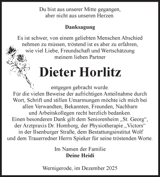 Traueranzeige von Dieter Horlitz von Volksstimme Wernigerode