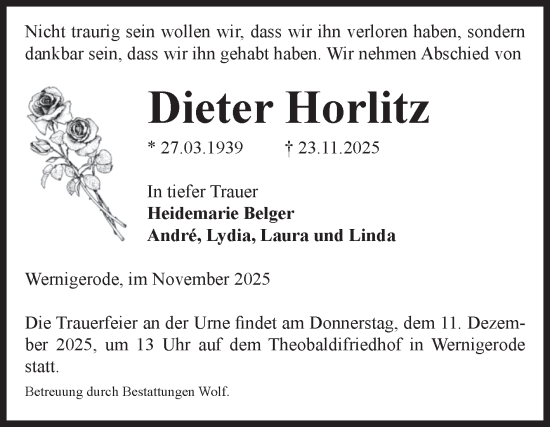 Traueranzeige von Dieter Horlitz von Volksstimme Wernigerode