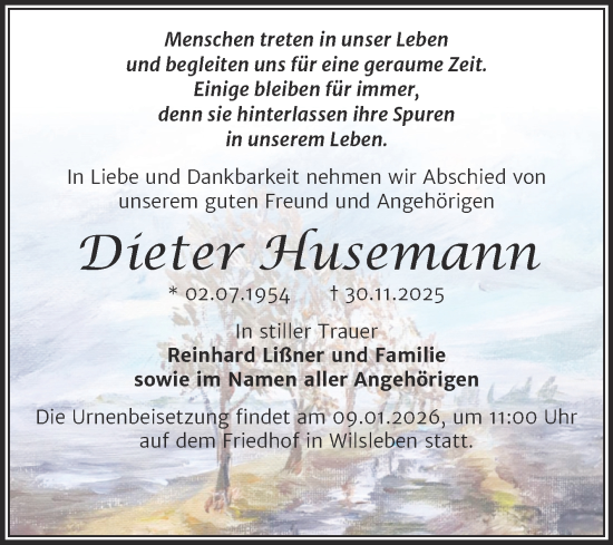 Traueranzeige von Dieter Husemann von Trauerkombi Aschersleben