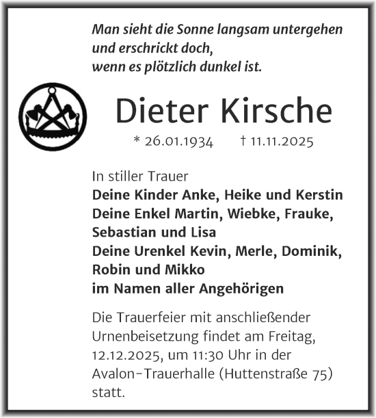 Traueranzeige von Dieter Kirsche von Mitteldeutsche Zeitung Halle/Saalkreis