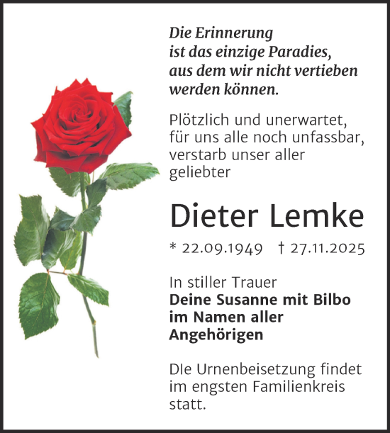Traueranzeige von Dieter Lemke von Trauerkombi Merseburg