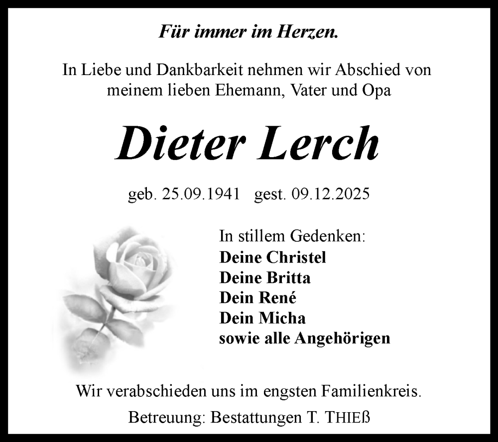 Traueranzeige für Dieter Lerch vom 13.12.2025 aus Volksstimme Wernigerode