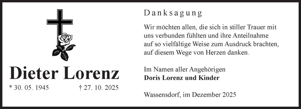  Traueranzeige für Dieter Lorenz vom 20.12.2025 aus Volksstimme Altmark West