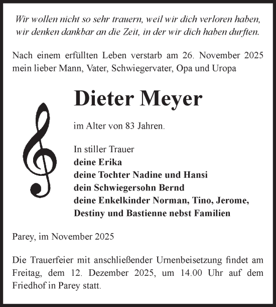 Traueranzeige von Dieter Meyer von Volksstimme Burg/Genthin