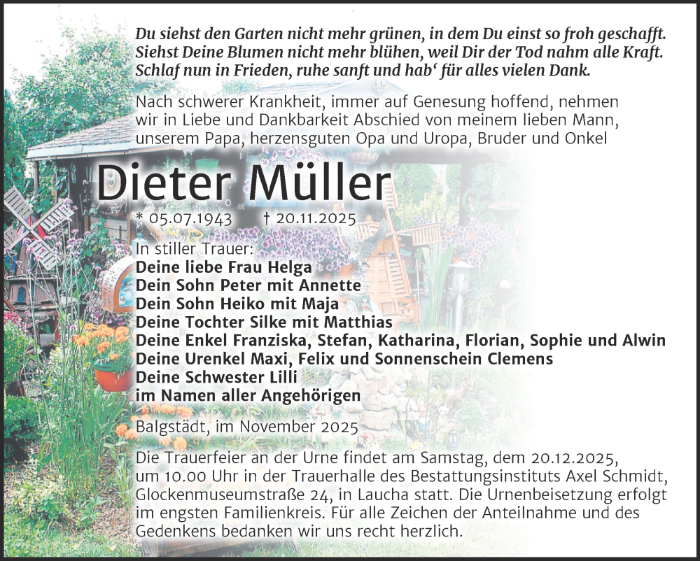  Traueranzeige für Dieter Müller vom 06.12.2025 aus Super Sonntag Naumburg/Nebra