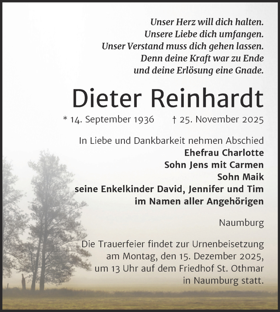  Traueranzeige für Dieter Reinhardt vom 29.11.2025 aus Naumburger Tageblatt