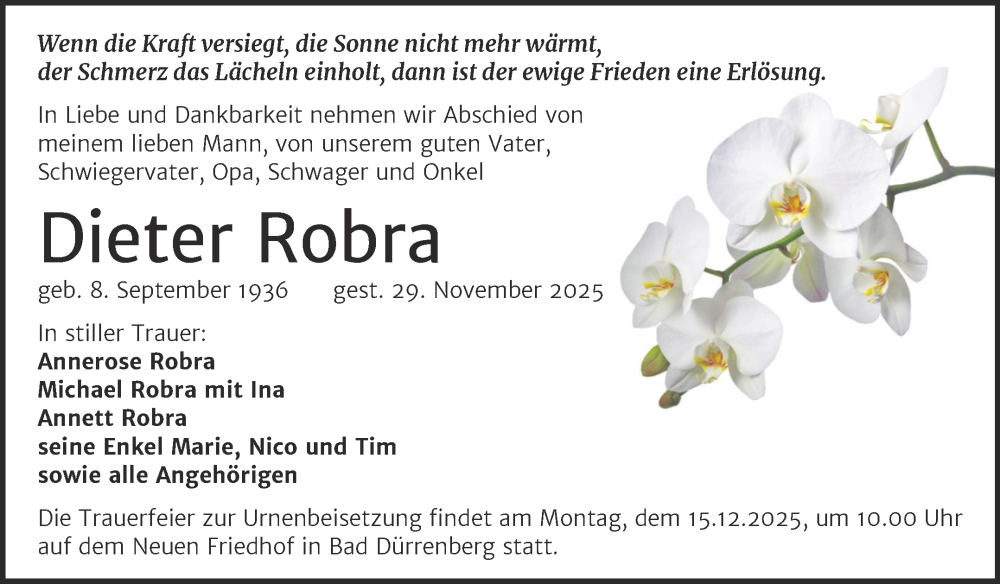  Traueranzeige für Dieter Robra vom 06.12.2025 aus Trauerkombi Merseburg