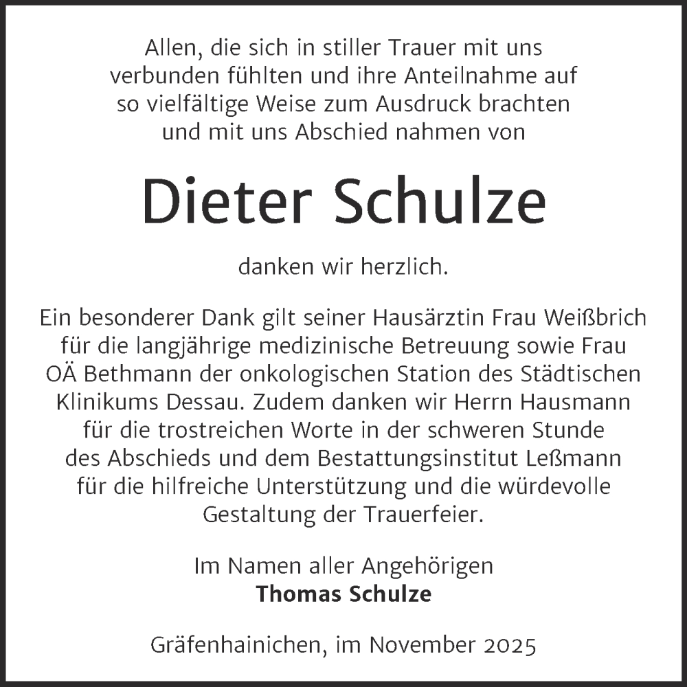  Traueranzeige für Dieter Schulze vom 29.11.2025 aus Trauerkombi Dessau