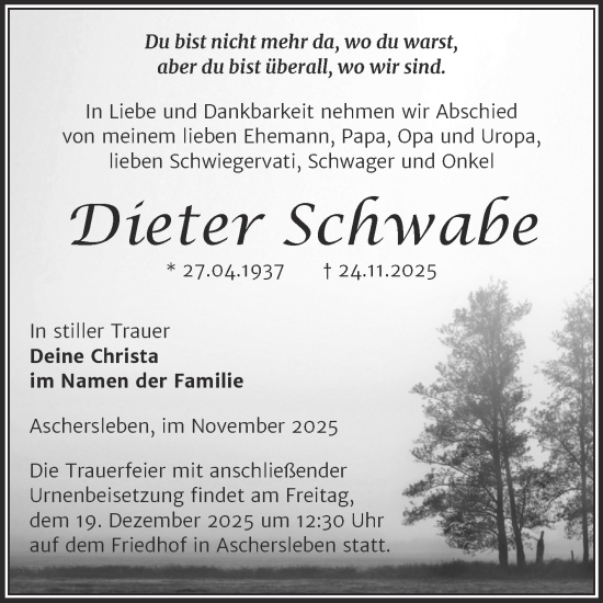 Traueranzeige von Dieter Schwabe von Trauerkombi Aschersleben