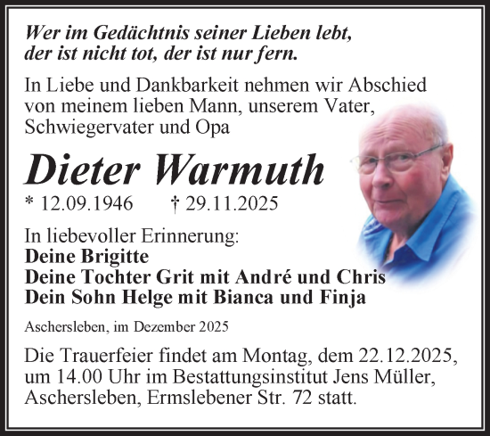 Traueranzeige von Dieter Warmuth von Trauerkombi Aschersleben
