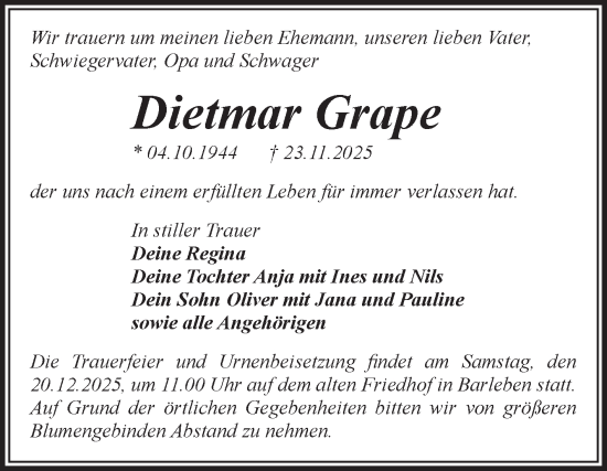 Traueranzeige von Dietmar Grape von Volksstimme Magdeburg