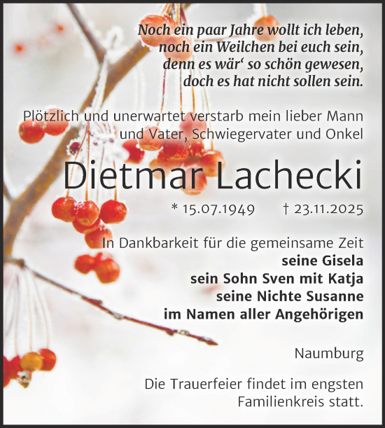 Traueranzeige von Dietmar Lachecki von Naumburger Tageblatt