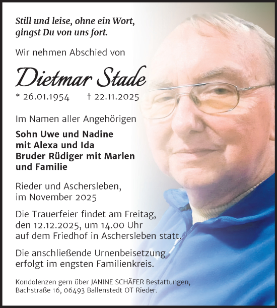 Traueranzeige von Dietmar Stade von Trauerkombi Aschersleben