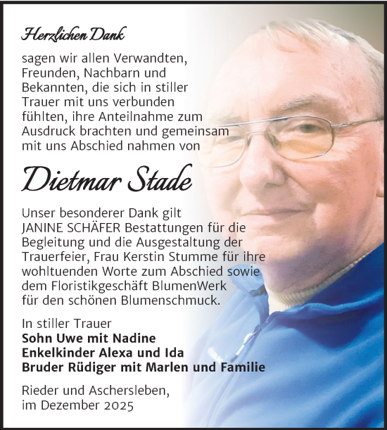 Traueranzeige von Dietmar Stade von Trauerkombi Aschersleben
