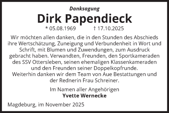 Traueranzeige von Dirk Papendieck von Volksstimme Magdeburg