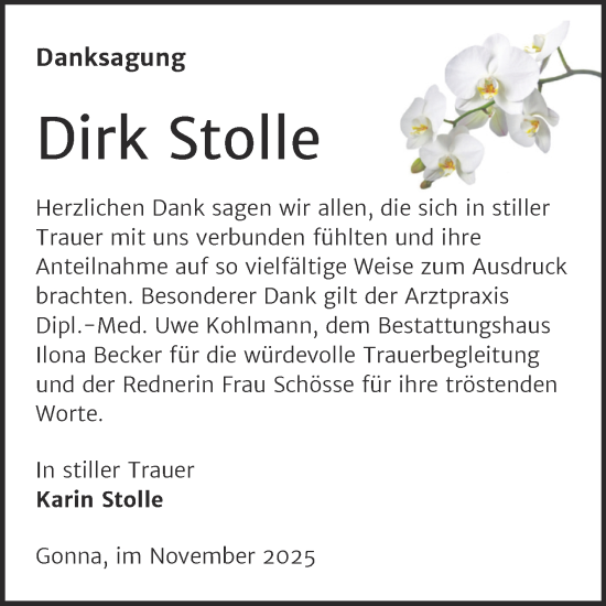 Traueranzeige von Dirk Stolle von Trauerkombi Sangerhausen