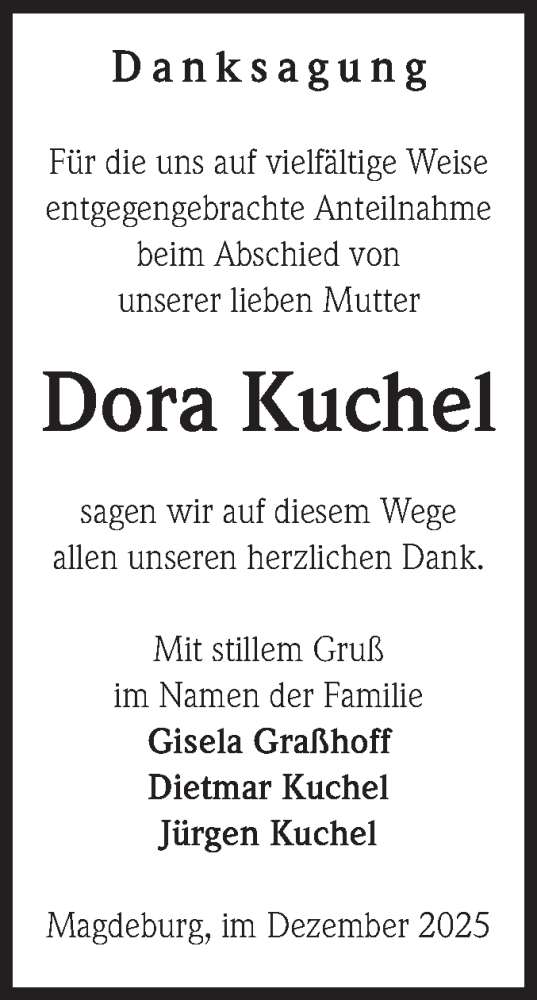 Traueranzeige von Dora Kuchel von Volksstimme Burg/Genthin