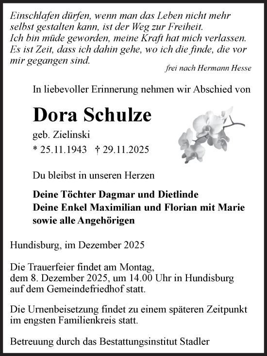 Traueranzeige von Dora Schulze von Volksstimme Haldensleben/Wolmirstedt