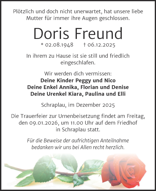 Traueranzeige von Doris Freund von Trauerkombi Merseburg