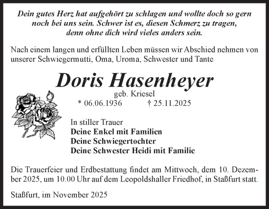 Traueranzeige von Doris Hasenheyer von Volksstimme Staßfurt