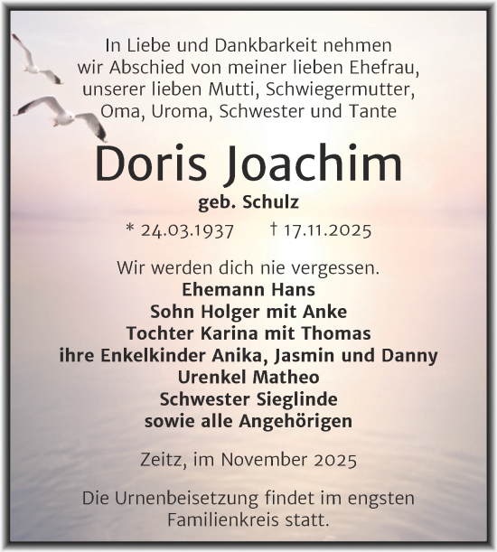 Traueranzeige von Doris Joachim von Trauerkombi Zeitz