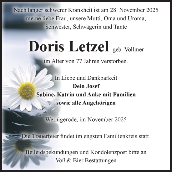 Traueranzeige von Doris Letzel von Volksstimme Wernigerode