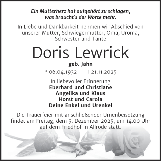 Traueranzeige von Doris Lewrick von Trauerkombi Quedlinburg