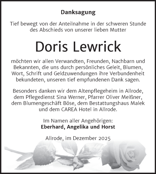 Traueranzeige von Doris Lewrick von Trauerkombi Quedlinburg