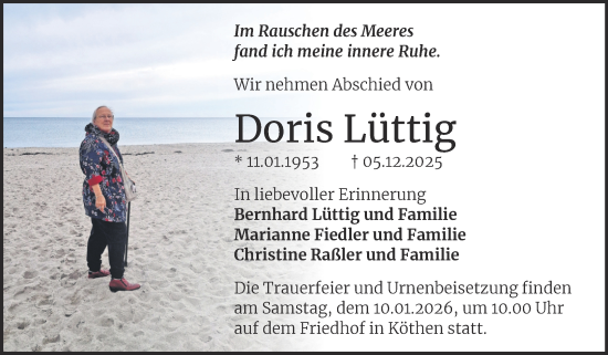 Traueranzeige von Doris Lüttig von Trauerkombi Köthen