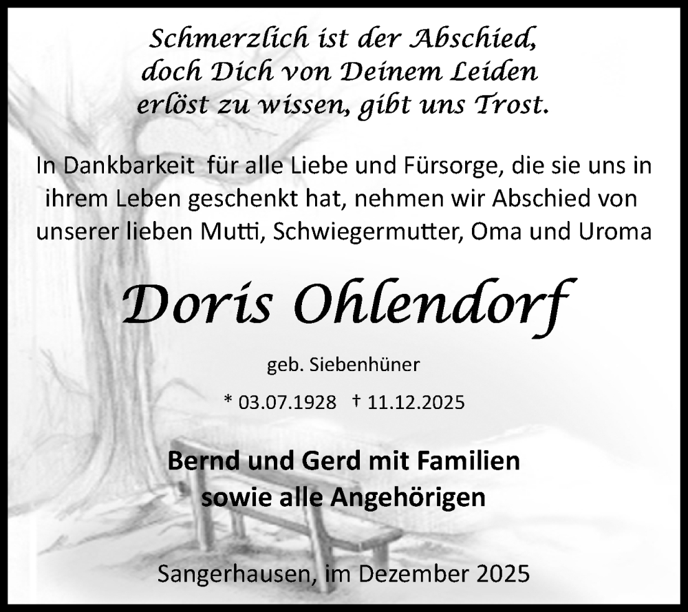  Traueranzeige für Doris Ohlendorf vom 20.12.2025 aus Trauerkombi Sangerhausen