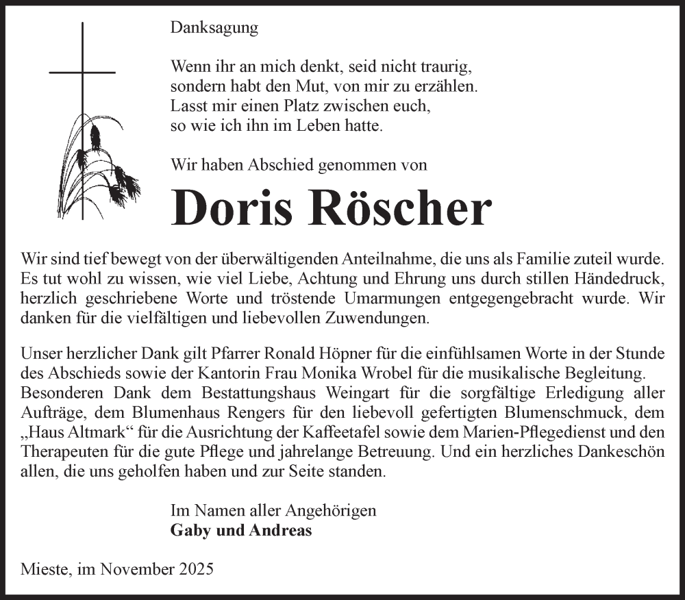  Traueranzeige für Doris Röscher vom 06.12.2025 aus Volksstimme Altmark West