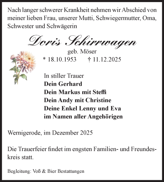 Traueranzeige von Doris Schirrwagen von Volksstimme Wernigerode