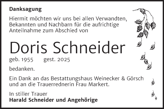 Traueranzeige von Doris Schneider von Trauerkombi Bernburg