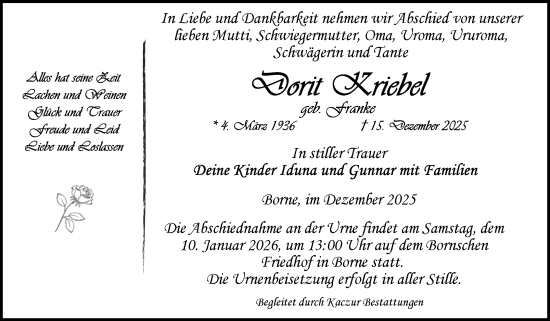 Traueranzeige von Dorit Kriebel von Volksstimme Staßfurt