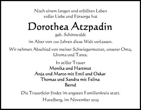 Traueranzeige von Dorothea Atzpadin von Volksstimme Altmark Ost