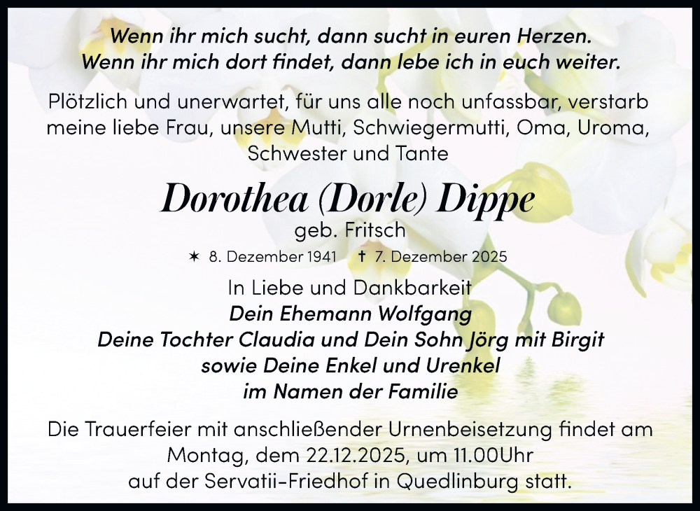 Traueranzeige für Dorothea Dippe vom 20.12.2025 aus Trauerkombi Quedlinburg