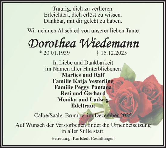 Traueranzeige von Dorothea Wiedemann von Volksstimme Schönebeck
