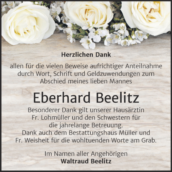 Traueranzeige von Eberhard Beelitz von Trauerkombi Aschersleben
